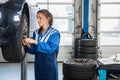 Mechanic Changing Tire From Suspended Car Royalty Free Stock Photo