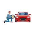 Mechanic changing wheel on red car icon Royalty Free Stock Photo