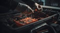 A mechanic checking a car battery with a multimeter Hyper generative AI