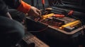 A mechanic checking a car battery with a multimeter Hyper three generative AI