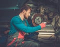 Mechanic checking car brake system Royalty Free Stock Photo
