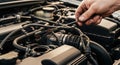 Mechanic checking car engine oil level with dipstick close up Royalty Free Stock Photo