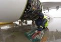 Mechanic checking the engine of an aircraft on plane parking space. Borispol airport administrationÃ¢â¬â¢s demonstration for mass-