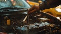 Mechanic Checking Engine Oil Level In Rain