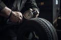 Mechanic checking tire pressure for increased gas mileage AI generated Royalty Free Stock Photo