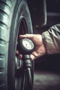 Mechanic checking tire pressure for increased gas mileage AI generated Royalty Free Stock Photo