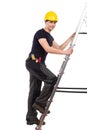 Mechanic climbing a ladder.