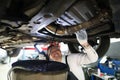 Mechanic conducts thorough inspection car garage.