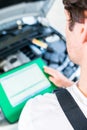 Mechanic with diagnostic tool in car workshop