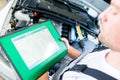 Mechanic with diagnostic tool in car workshop