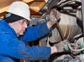 The mechanic disassembles the engine.Production site. Royalty Free Stock Photo