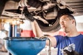 Mechanic discharges motor oil from engine tank under the car