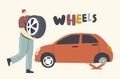 Mechanic or Driver Character Fixing Broken Car Wheel, Man Holding Spare Tyre in Hands, Checking and Maintenance Auto