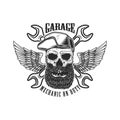 Mechanic on duty. Bearded skull in baseball cap with wings and crossed wrenches. Design element for logo, label, sign