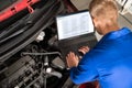 Mechanic Examining Car Engine With Help Of Laptop Royalty Free Stock Photo