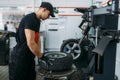 Mechanic fixing wheel on tire fitting machine