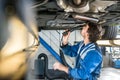 Mechanic With Flashlight Examining Under The Car