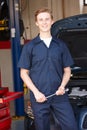 Mechanic in front of car at work Royalty Free Stock Photo