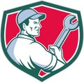 Mechanic Holding Monkey Wrench Shield Retro