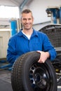 Mechanic holding a tire wheel Royalty Free Stock Photo