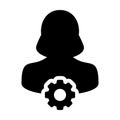 Mechanic icon vector female person profile avatar with gear cogwheel for settings and configuration in flat color glyph pictogram Royalty Free Stock Photo