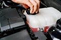 Mechanic inspects the expansion tank with pink antifreeze. Vehicle coolant level in the car`s radiator system. auto parts