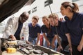 Mechanic instructing trainees around a car engine, low angle