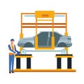 Mechanic lifting a car on the machine, colorful design