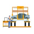 Mechanic lifting a car on the machine icon, colorful design