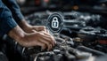 Mechanic lifting cowling and inspecting engine while circuit and padlock icon highlighting security Royalty Free Stock Photo