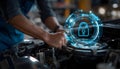 Mechanic lifting cowling and inspecting engine while circuit and padlock icon highlighting security Royalty Free Stock Photo