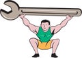 Mechanic Lifting Giant Spanner Wrench Cartoon