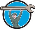 Mechanic Lifting Spanner Wrench Circle Cartoon Royalty Free Stock Photo