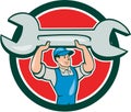 Mechanic Lifting Spanner Wrench Circle Cartoon Royalty Free Stock Photo