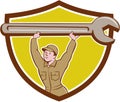 Mechanic Lifting Spanner Wrench Crest Cartoon Royalty Free Stock Photo