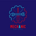 Mechanic logo icon, wrench and screwdriver in gear frame outline stroke set dash line design illustration Royalty Free Stock Photo