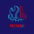 Mechanic logo icon, wrench and screwdriver in gear frame outline stroke set dash line design illustration Royalty Free Stock Photo