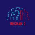 Mechanic logo icon, wrench and screwdriver in gear frame outline stroke set dash line design illustration Royalty Free Stock Photo