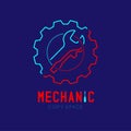 Mechanic logo icon, wrench and screwdriver in gear frame outline stroke set dash line design illustration Royalty Free Stock Photo