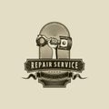 Mechanic logo vector illustration in vintage style, car repair service logo Design with Piston Element. Hand drawn vintage logo