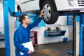 Mechanic looking at car tires