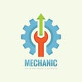 Mechanic machine - vector business logo template concept illustration. Gear factory sign. Cog wheel, wrench and arrows technology