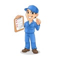 Mechanic Man Holding Clipboard with Thumbs Up Hand in The Other Hand