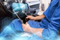 Mechanic man with tablet pc making car diagnostic Royalty Free Stock Photo