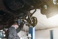 A mechanic performing diagnostics and repairs of a car, the front and background background is blurred with bokeh effect