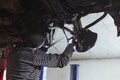 A mechanic performing diagnostics and repairs of a car, the front and background background is blurred with bokeh effect