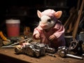 Mechanic piglet fixing toy car