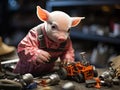 Mechanic piglet fixing toy car