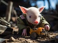 Mechanic piglet fixing toy car