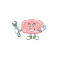 A mechanic pink soap mascot character fix a broken machine